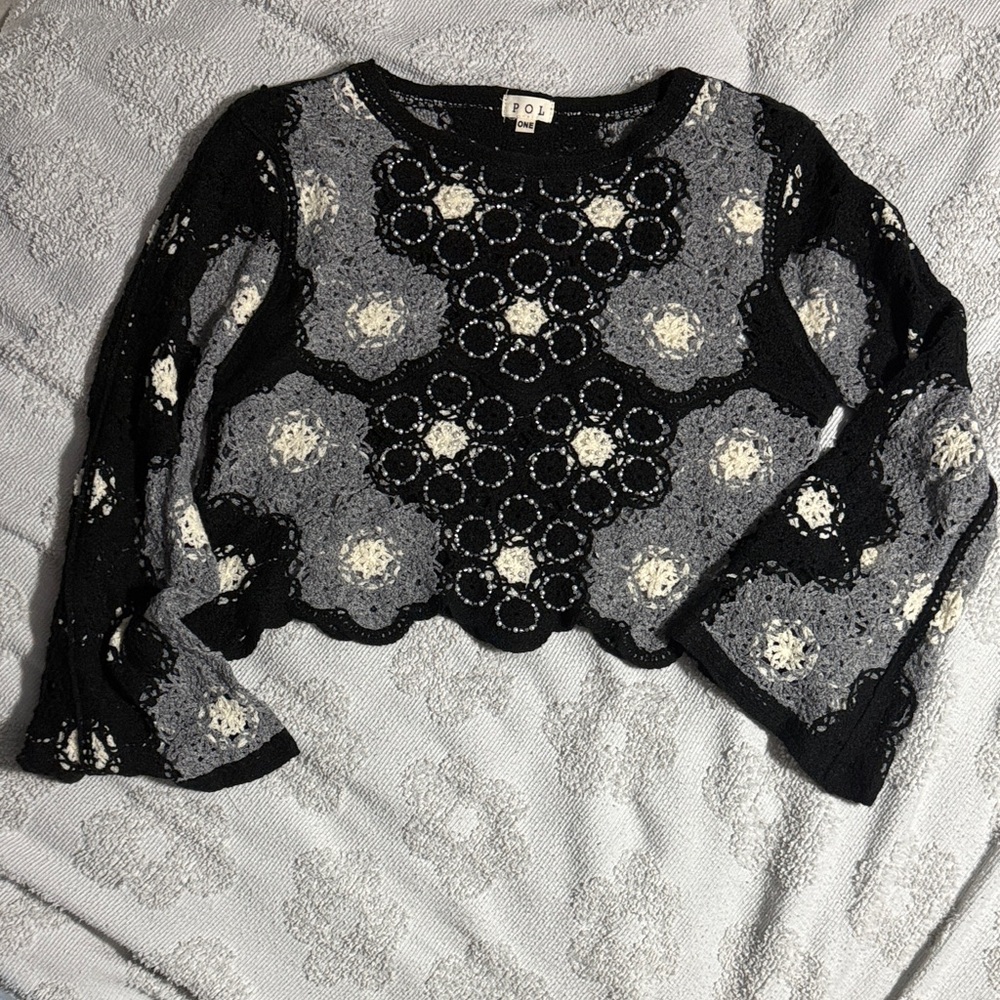 POL Women's Elegant Black and Gray Crochet Crop Top